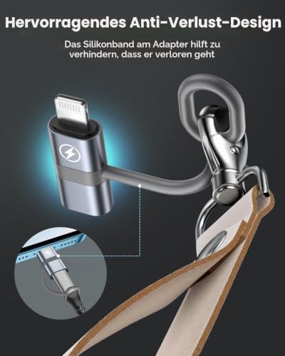 USB C auf Lightning Adapter 2Stück, Adapter USB C auf Lightning Schnelles Laden mit Anti Verlust Seil für iPhone 14/14 Pro Max/13/12 Mini/11/X/XS/XR/SE/8 Plus/iPad/iPod/AirPods, Nicht für Audio/OTG