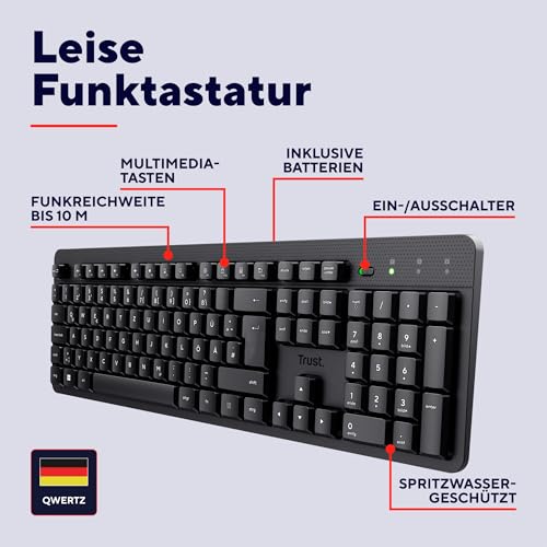 Trust ODY II Leise Tastatur Kabellos Deutsches Layout (QWERTZ), Schwarz | Flachen Tasten, Funktastatur Spritzwassergeschützt, RF 2.4GHz USB-Empfänger, PC Laptop Computer Mac