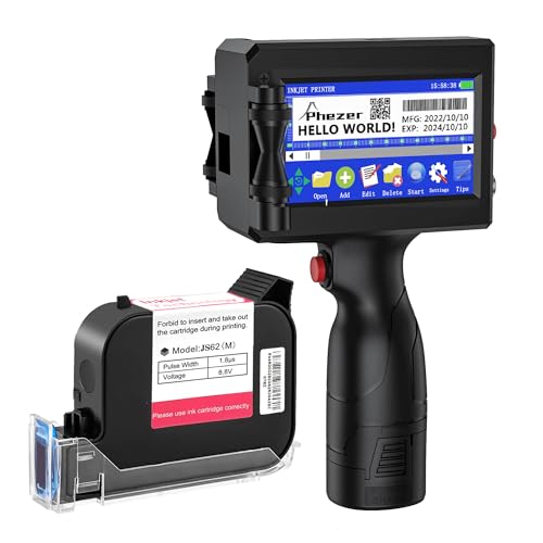 Phezer 0,5 Zoll P15 mobiler Handdrucker mit JS62 Quick-Dry Tinte, tragbarer Tintenstrahldrucker für QR-Code Barcode Datum MHD Chargennummer Logo und Seriennummer auf Karton, Kunststoff, Holz, Glas