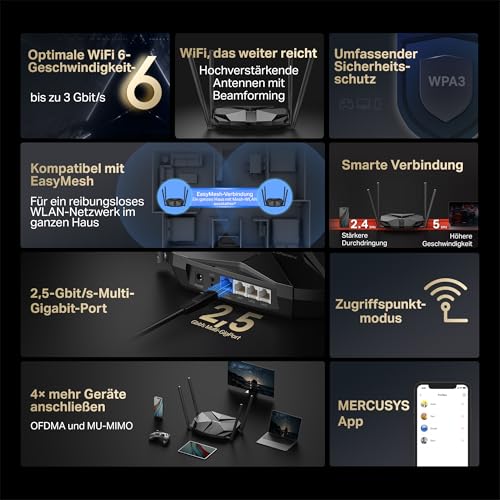 Mercusys MR85X Wi-Fi 6 WLAN-Router, Dualband AX3000, 1 × 2,5G-Port + 3 × Gigabit-Ports, unterstützt OpenVPN/L2TP/IPSec/WireGuard, WPA3, Kindersicherung, Keine DSL-Unterstützung
