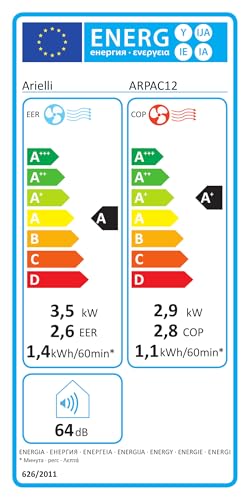 Arielli Mobiles Klimagerät ARPAC12 12000 BTU Weiß – Kühlung & Heizung, Fernbedienung Inklusive, R290, Energieeffizienz, Für Räume Bis Zu 30 m², Einfach Zu Installieren