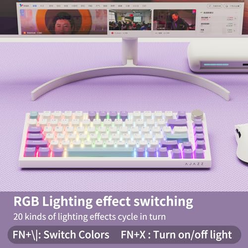 AJAZZ AK820 Wired Mechanical Keyboard, 75% Gaming Keyboard with Volume Control Knob, PBT Keycaps, 82 Keys, Five-Layer Sound Insulation Pad, South-Oriented RGB, Full-Key Hot Swap, Blue White Purple