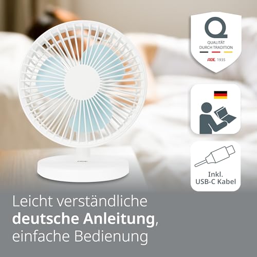 ADE Kleiner Ventilator sehr leise | USB Tischventilator 3 Stufen | Akku bis 7,5 h Laufzeit | 2.000 mAh | 90° Neigungswinkel | leicht und flexibel | weiß