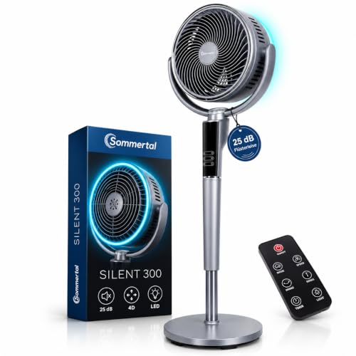 Sommertal SILENT300 Standventilator leise mit Fernbedienung, 4D-Oszillation | DC-Motor mit 35 W und 25 dB, 12 Geschwindigkeitsstufen, 12-Stunden-Timer, Schlafmodus, LED-Ring, h&ouml;henverstellbar, Anthrazit
