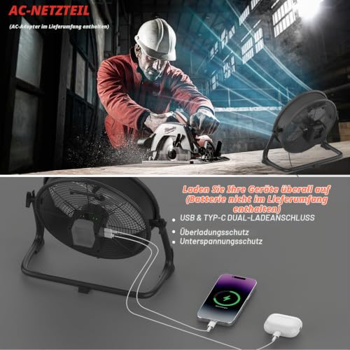 ILIKEPOW Akku Bodenventilator kompatibel mit Milwaukee 18V Akku, 12 Zoll Kabelloser Ventilator Leise, Netzteil, 2 USB Ladeanschluss, Stufenlos Regelbar für Baustelle, Werkstatt, Camping (ohne Akku)