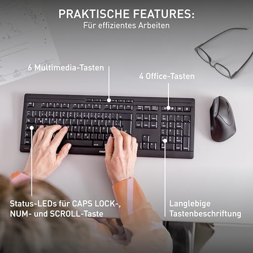 CHERRY Stream Keyboard Wireless, Kabellose Tastatur, Deutsch, Schwarz | QWERTZ-Layout, Verbindung über 2,4 GHz Funk mit USB-Dongle, Plug & Play, Leise Tasten, Flaches Design, Batteriebetrieben