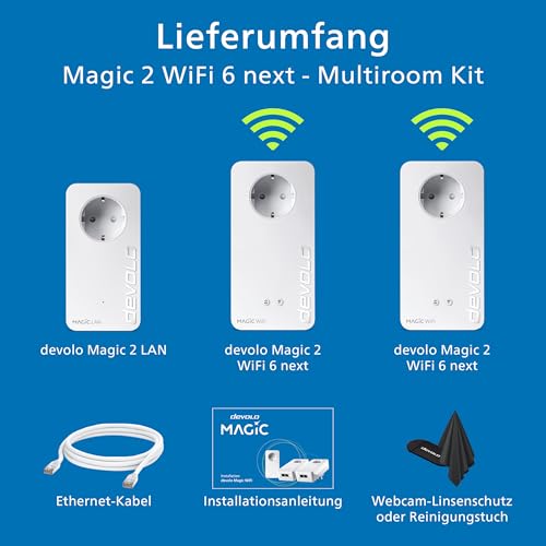 devolo Magic 2 WiFi 6 Next Multiroom Kit, WLAN Powerline Adapter, bis zu 3.000 Mbit/s über Wi-Fi 6, Mesh WLAN Steckdose, 2X Gigabit LAN, weiß