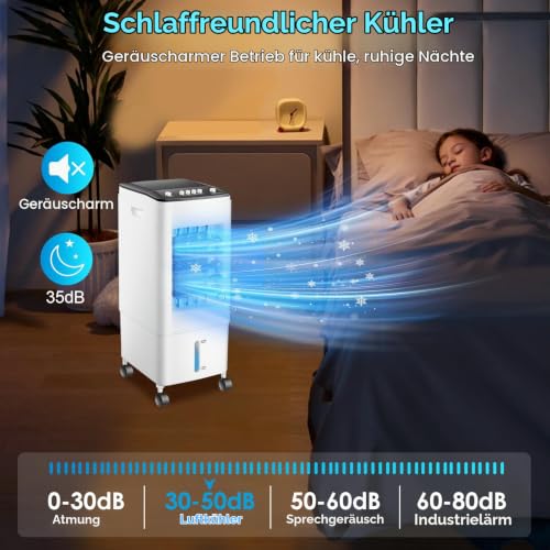 Mobile Klimaanlage ohne Abluftschlauch, 4-in-1 Luftkühler mit 6L Wassertank & 3 Kühlakkus, leiser Ventilator mit 35dB, energiesparendes Klimagerät für Zuhause, Büro, Schlafzimmer & Haustiere