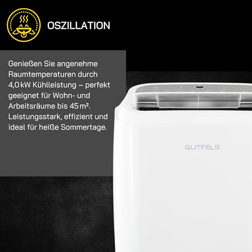 GUTFELS mobile Klimaanlage, 3-in-1 Gerät, 14000 BTU mit 4,0 kW Kühlleistung, 450m³/h, geeignet für 45m², Entfeuchtet 36 Liter/Tag, 1538 Watt, CM 81455 we