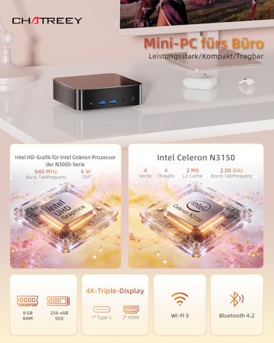 Mini PC mit Intel N3150 (Bis zu 2.08GHz, 4C/4T), 8GB RAM 256GB SSD Micro Computer mit Dual Volle Funktion Typ-C/4K Triple Display/WiFi 5/BT 4.2/USB 3.0 für Büro, Business