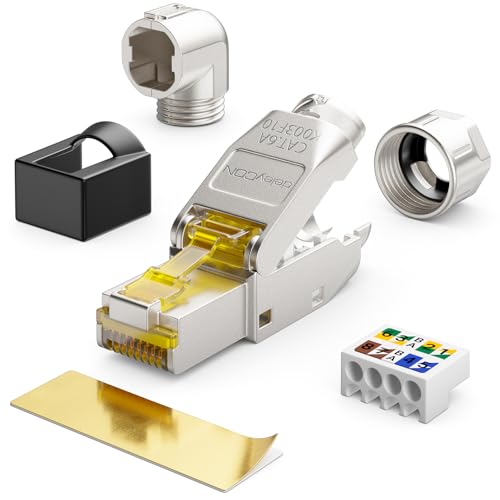 deleyCON CAT 6a Netzwerkstecker 90° Winkel RJ45 10 Gbit/s, 1 Stück | Werkzeuglos, geschirmt, für starre Verlegekabel, Rohkabel, Steckverbinder RJ45 Ethernet LAN DSL Patchkabel