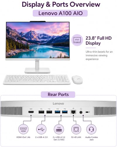 Lenovo All-in-One-Desktop, Intel ultraschnelle 4-Core CPU, 61 cm (24 Zoll) FHD-Display, 8 GB RAM, 256 GB PCIe SSD On Board plus 512 GB HDD extern | Wi-Fi 6| Bluetooth | RJ-45 | Windows 11 | HDMI |