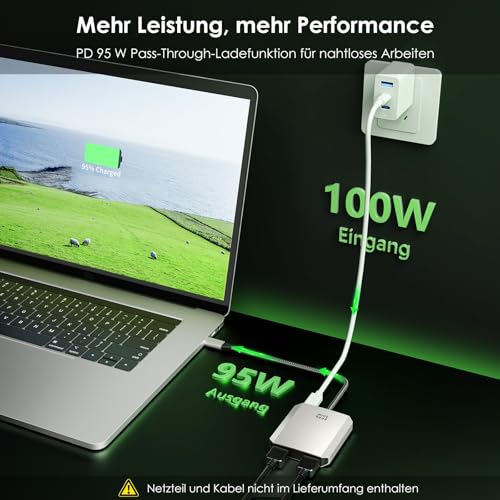 Minthouz USB C auf HDMI Adapter 4k@60hz, Dual HDMI Splitter 95W PD | 3 in 1 Multiport Adapter für MacBook Chromebook Dell HPPixel/Lenovo/Surface//LG/iPad/Laptop/TV(MST nur für Windows)