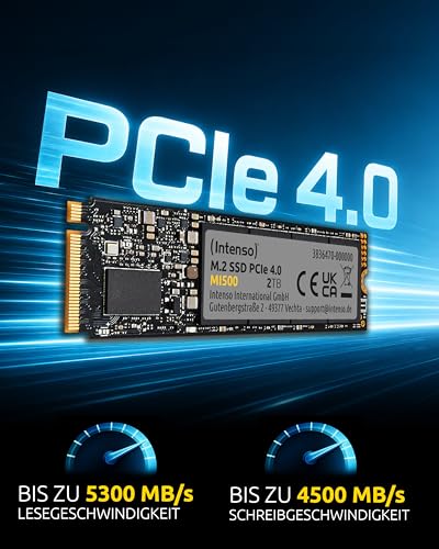 Intenso MI500 2TB M.2 SSD PCIe 4.0 NVMe 1.4 Interne Festplatte | Bis zu 5300 MB/s Lesen und 4500 MB/s Schreiben, 3D NAND Flash, Ideal für PS5, Gaming PC, Workstation und Laptop