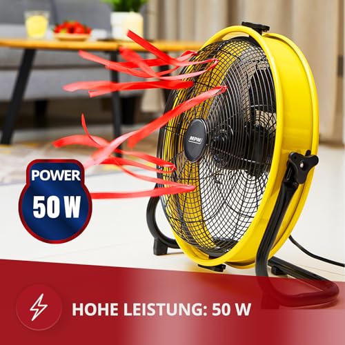MPM Bodenventilator mit Verstellung 360 ° - Windmaschine mit 3-Stufiger Geschwindigkeitsregelung - Ventilator Groß Ø 40 cm - Bodenventilator Leise und Energiesparend 50 W