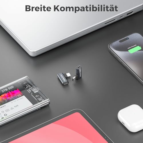 deleyCON USB-C Winkeladapter 90 Grad flach, 40Gbps, 240W, USB 4.0, 2 Stück