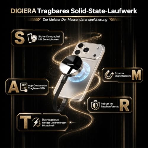 512GB DIGIERA Magnetische Tragbare SSD, Externe Festplatte Mit USB-C 3.2 Gen 2x2, Geschwindigkeit Bis Zu 2000 MB/S, Kompatibel Mit IPhone 15/16/17/18 Series,PC/Laptop, und Anderen USB-C-Geräten,Schwarz