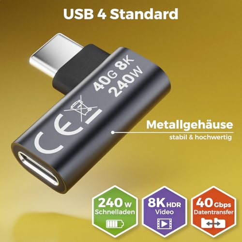 deleyCON USB-C Winkeladapter 90 Grad flach, 40Gbps, 240W, USB 4.0, 2 Stück