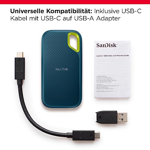 SanDisk Extreme Portable SSD 2 TB - bis zu 1.050 MB/s Lesen - Monterey | Externe SSD, kompatibel mit PC & Mac, IP65-Wasser- & -Staubschutz, 256-Bit-Verschlüsselung, USB 3.2 Gen 2, USB-C