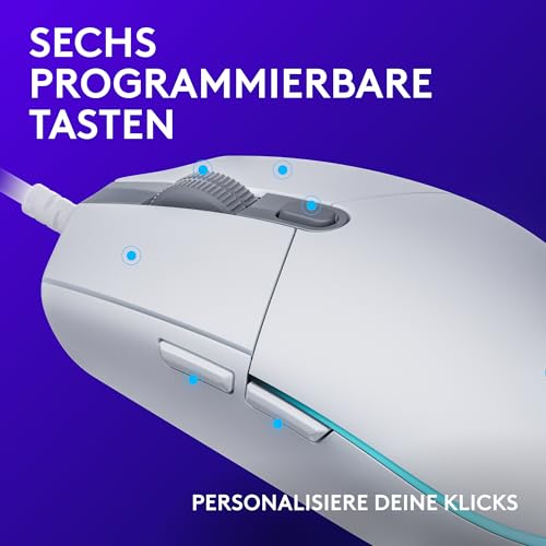 Logitech G203 Gaming-Maus mit anpassbarer LIGHTSYNC RGB-Beleuchtung | 6 programmierbare Tasten, spieletauglicher Sensor, Abtastung mit 8.000 DPI, Geringes Gewicht - Weiß