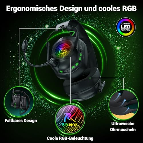 Krysenix Wireless Gaming Headset mit Mikrofon für PS5 PC Mac Switch | 2.4GHz + Bluetooth Modus, Noise Cancelling ,LED-Lichtern, faltbar,1000mAh Akku,Ideal für FPS, RPG - Tintenschwarz