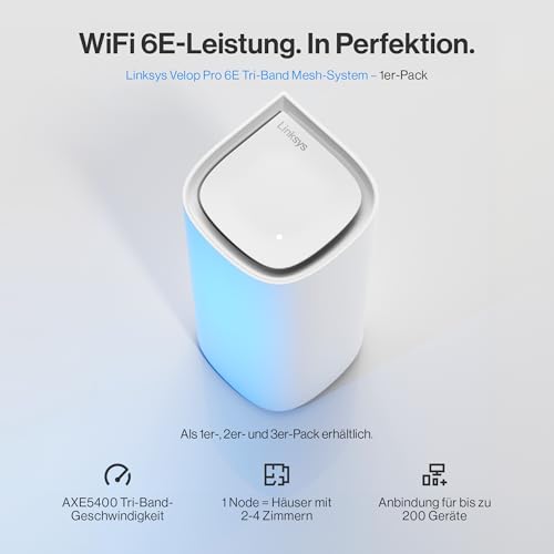 Linksys Velop Pro MX6201-KE WiFi 6E Mesh Router 6 GHz und 5,4 Gbit/s - Multiroom-Abdeckung bis zu 275 m² und 200 Geräte - 1 Stück