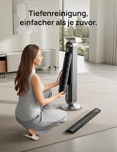 DREO Smart Turmventilator Sehr Leise, 120° Oszillierender Ventilator mit Kühlung, 25dB Standventilator mit Fernbedienung für Schlafzimmer, 12 Geschwindigkeiten, 4 Modi, 12-Stund-Timer, Pilot Max S