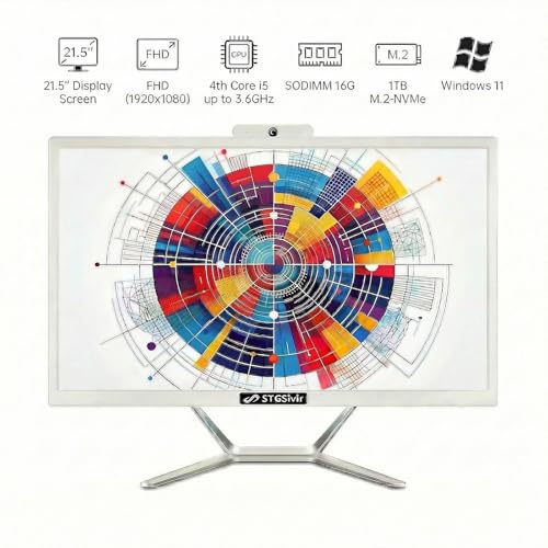 STGSivir All in One PC, 21.5" FHD Display, Core i5, 16G RAM, 1T SSD | PC All in One, WLAN, BT 5.0, Webcam, Windows 11 Pro, Weiß AIO PC für Zuhause & Büro