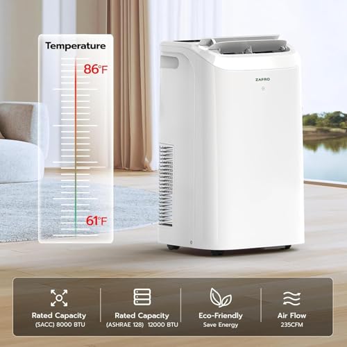 ZAFRO - 12000 BTU tragbare Klimaanlage, ultra-leise Kühlung, intelligente WiFi und App-Steuerung, 24-Stunden-Timer mit Lüfter und Luftentfeuchter, einfach