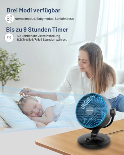 WOWDSGN Ventilator Leise 22dB Mit 6 Stufen & Display - 9-Stunden-Timer, Leistungsstarker 3D Turbo-Luftzirkulator - 100° & 80° Oszillation - Tischventilator für Schlafzimmer Wohnzimmer Büro Küchen