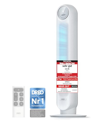 DREO Leiser Turmventilator, 10 m Wurfweite 4 Geschwindigstufen 4 Modi 8 Std. Timer 90° oszillierende Ventilator mit Kühlung Fernbedienung für Schlafzimmer, Nomad One, Weiß