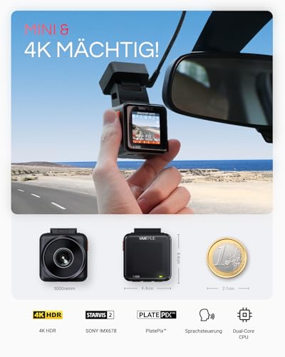 VANTRUE E1 Pro 4K HDR STARVIS 2 Dashcam Auto Vorne, Mini Dash Cam mit CPL | 15Sek. Puffer Parküberwachung, Prima Nachtsicht, DSGVO Konform, 1.54 Zoll Versteckte Autokamera, 5Ghz WLAN GPS, max. 1TB