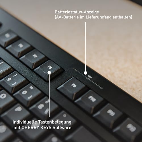 CHERRY KW 3000, Kabellose Office-Tastatur, Deutsch QWERTZ, Schwarz | Flaches Fullsize-Keyboard mit Nummernblock, Verbindung über 2,4 GHz Funk mit USB-Dongle, Leise Tasten, Batteriebetrieben