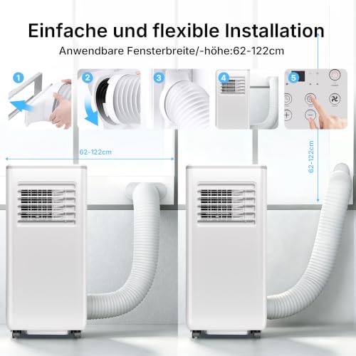 HEALLUX Mobile Klimaanlage 9000 BTU 2,6 kW, tragbares Klimagerät mit Fernbedienung & Abluftschlauch, 4-in-1: Kühlen, Lüften, Entfeuchten, Timer 24h, für Räume bis 40 m², Weiß