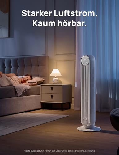 DREO Leiser Turmventilator, 10 m Wurfweite 4 Geschwindigstufen 4 Modi 8 Std. Timer 90° oszillierende Ventilator mit Kühlung Fernbedienung für Schlafzimmer, Nomad One, Weiß