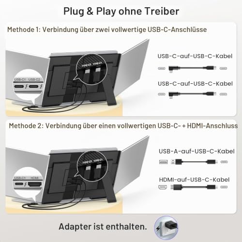 15,6" Laptop Bildschirm Erweiterung, ultraleichter 1080P FHD tragbarer Dreifach-Monitor für 13–17,3"Laptops, USB-C/HDMI Plug & Play Laptop Monitor Erweiterung kompatibel mit Windows/MAC/Chrome/Android