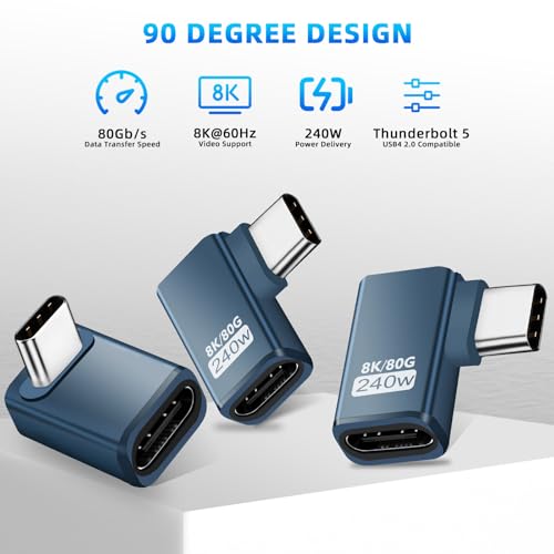 3 Stück USB C Extender Adapter 90 Grad, 80Gbps USB C Stecker zu Buchse Winkel Adapter, 240W Thunderbolt 5 Extension Connector für iPhone 15/16, Team Deck, Tablet, Telefone, andere Typ C Geräte (Grau)
