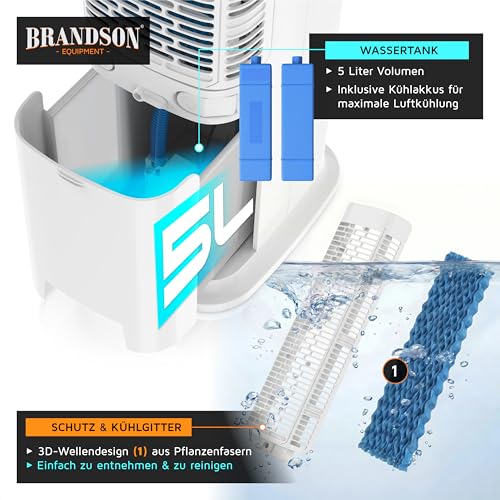Brandson Luftkühler Wasserkühlung, Turmventilator, Fernbedienung, Weiß | Verdunstungskühler, Standventilator ohne Abluftschlauch, 5 Liter Wassertank, 2 Kühlakkus, 60° Oszillation, 3 Modi, Timer
