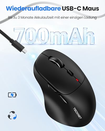 TECKNET Bluetooth Maus Wiederaufladbar, Tri-Modi (2BT+USB) Maus Kabellos | Ergo Daumenauflage, 4800 DPI/6 Tasten, Leise Computer Funkmaus für Laptop, PC, Mac OS, Android, Windows