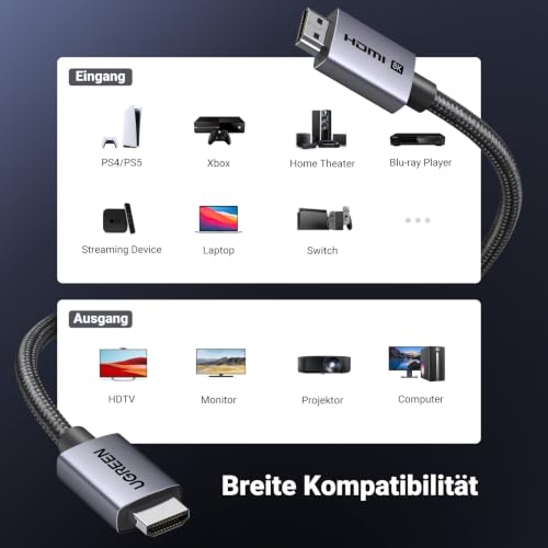 UGREEN HDMI 2.1 Kabel, 8K@60Hz, 4K@240Hz, HDMI zertifiziert, 48Gbps, 2M | Aluminiumgehäuse, Nylongeflecht, HDR, eARC, VRR, ALLM, Dolby Atmos, kompatibel mit PS5, TV, PC, Laptop, Monitor, Projektor