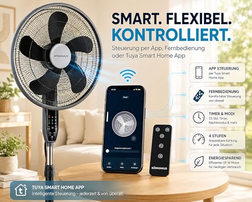 Könighaus 3-in-1 Ventilator – Stand-, Tisch- & Wandmontage | WLAN Smart Home (Alexa, Tuya) | Fernbedienung | Oszillierender Standventilator | Timer | Natürlicher Luftstrom | Starke Kühlung bis 20 m