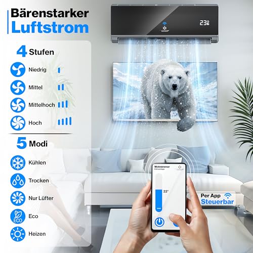 KESSER® Split Klimaanlage Set Quick Connect – WiFi & App Klimagerät mit Heizfunktion & Kühlmodus Wandklimaanlage, mit Kupferleitung 9000 BTU 2,6 kW Kältemittel R32 Inkl. Montagematerial