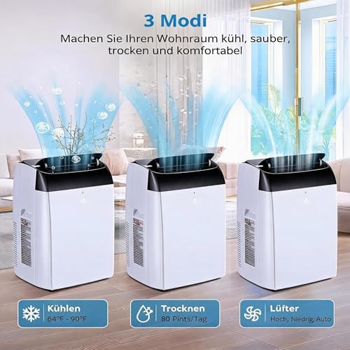 Thaookte Mobile Klimaanlage Mit Fernbedienung, 3-in-1 Klimaanlage Mit Abluftschlauch: Kühlung/Ventilator/Entfeuchter, Mobil Klimagerät Leise 10000 BTU, 24h-Timer, Für Räume Bis 51㎡-Weiß