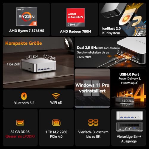 GEEKOM Business Mini PC A8 Max mit AMD Ryzen 7 8745HS, 16GB DDR5 1TB SSD | 3 Jahre Garantie, Mini Computer, 2,5Gbps Dualer LAN Port, 8 USB, 8K Quad-Display, für Gaming/Kreativität/Office