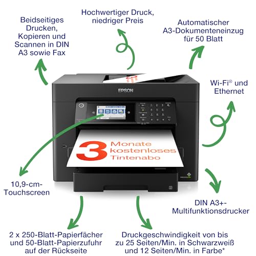 Epson Workforce WF-7840DTWF A3+ kabelloser Multifunktions-Tintenstrahldrucker inkl. 3 Monaten kostenloser Tinte mit ReadyPrint Flex-ABO*