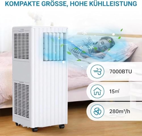 GarveeMore Mobiles Klimagerät 7000 BTU – a++ Energiesparende Klimaanlage Leise (51dB) Für Schlafzimmer & Büro Bis 28m², 3-in-1 Klimagerät Mit Abluftschlauch, Fensterabdichtung, Luftentfeuchter, R290