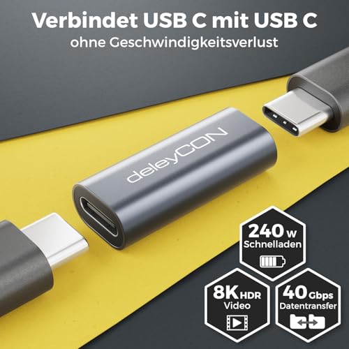 deleyCON USB-C Kupplung USB 4.0 40Gbps 240W 8K@60Hz Buchse auf Buchse | USB-C-Verlängerungsadapter mit Aluminiumgehäuse für Lade- und Datenkabel an Smartphone, Tablet, MacBook, Notebook und PS5