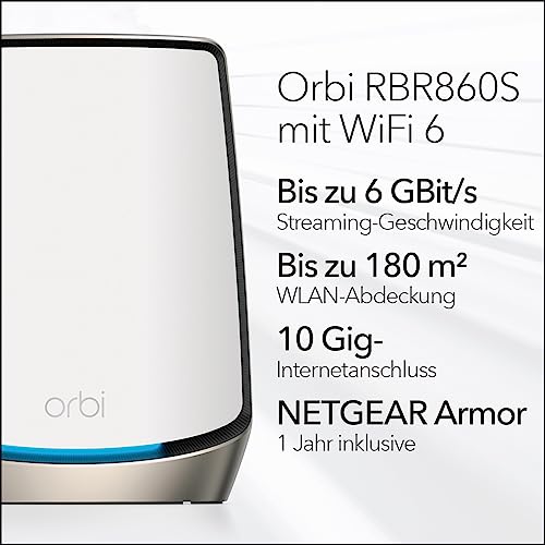 NETGEAR Orbi Tri-Band WiFi 6-Router (RBR860S), Abdeckung von bis zu 180 m², 100 Geräte, kostenlose Armor Security, erweiterbar für die Erstellung eines Mesh-Systems, AX6000 802.11 AX (bis zu 6 GBit/s)