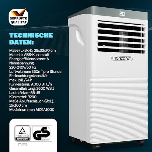 MONZANA® lokale Klimaanlage MZKA1000 9000BTU 4in1 WiFi App 2700W Fernbedienung Abluftschlauch Schlafmodus mobil Klimagerät Luftkühler Air Conditioner