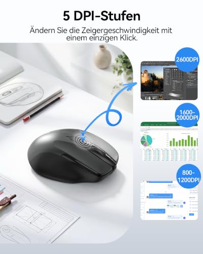 TECKNET Kabellose Maus, 2.4G Optische Funkmaus mit USB Empfänger, Grau | 2600 DPI, 24 Monate Akkulaufzei, Ergonomisches Design Wireless Mouse Kompatibel mit Laptop, PC, MacBook, Office Home